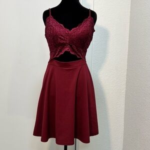 O'DELILAH Burgundy Lace Cut-Out Skater Dress Fit & Flare S Mini Boho Whimsigoth